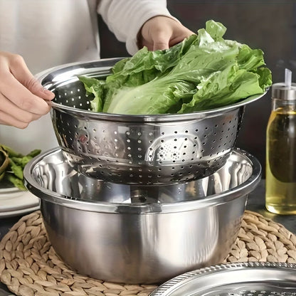 All-in-1 Steel Prep & Drain Kitchen Bowl Set (3-Piece)
