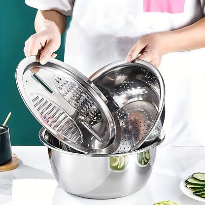 All-in-1 Steel Prep & Drain Kitchen Bowl Set (3-Piece)