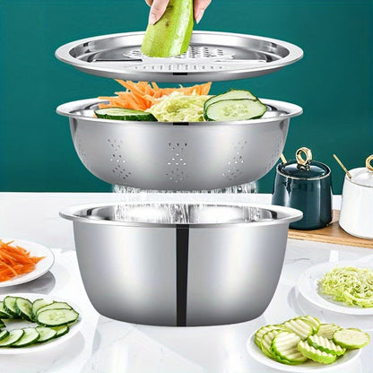 All-in-1 Steel Prep & Drain Kitchen Bowl Set (3-Piece)