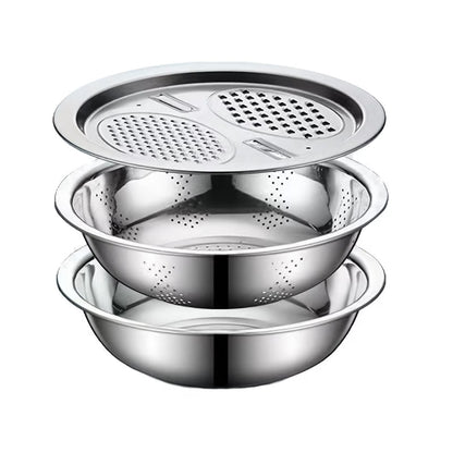All-in-1 Steel Prep & Drain Kitchen Bowl Set (3-Piece)